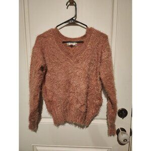 Pink Rose Women's Eyelash Sweater Soft Fuzzy, Size Medium, V-Neck, Pullover